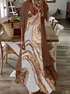 Nextmacys-Women's Long Sleeve V-neck Graphic Printed Two Pieces Maxi Dress