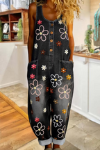 Multicolor Petal-Print Denim Jumpsuit