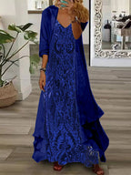 Women's Long Sleeve V-neck Graphic Printed Two Pieces Maxi Dress
