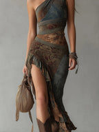 Ethnic-Style Printed One-Shoulder Maxi Dress with High Slit