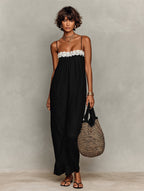Linen Lace-Insert Strapless Maxi Dress