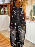 Multicolor Petal-Print Denim Jumpsuit