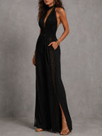 Boho Elegant Black Lace Panel Smocked Waist Wide Leg One-Piece Jumpsuit