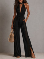 Boho Elegant Black Lace Panel Smocked Waist Wide Leg One-Piece Jumpsuit
