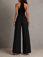 Boho Elegant Black Lace Panel Smocked Waist Wide Leg One-Piece Jumpsuit