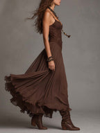 Dark Brown Lace And Chiffon Corset Maxi Dress