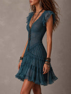 Retro Sea Blue Lace And Chiffon Ruffled Mini Dress