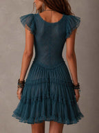 Retro Sea Blue Lace And Chiffon Ruffled Mini Dress