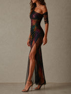 Retro Elegant Galaxy Print One-Shoulder Ruched Mesh Evening Maxi Dress