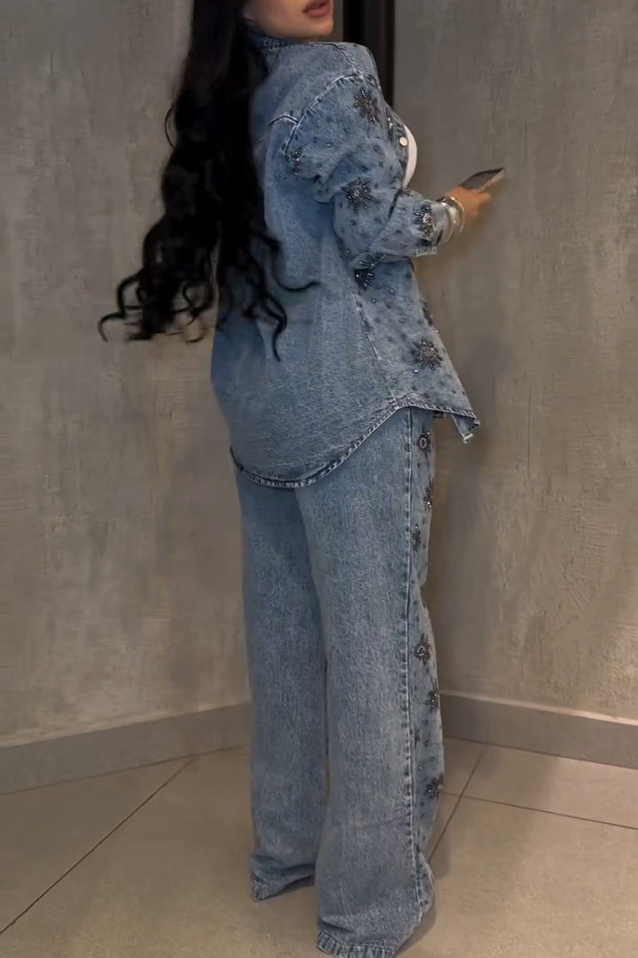 Fashion Rhinestone Floral Jacket + Elastic Waist Wide Leg Jeans