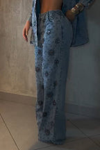 Fashion Rhinestone Floral Jacket + Elastic Waist Wide Leg Jeans