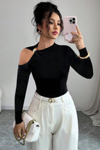 Lady's Asymmetric Neckline One-Shoulder Metal Decor Slim Top