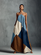 Bohemian Multi-color Cotton Linen Blend Patchwork Halter Maxi Dress