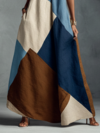 Bohemian Multi-color Cotton Linen Blend Patchwork Halter Maxi Dress