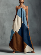 Bohemian Multi-color Cotton Linen Blend Patchwork Halter Maxi Dress