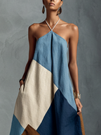 Bohemian Multi-color Cotton Linen Blend Patchwork Halter Maxi Dress