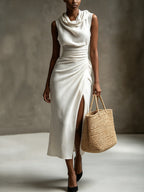 White Draped Cowl Neck Side Slit Midi Dress