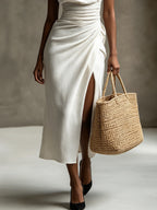 White Draped Cowl Neck Side Slit Midi Dress