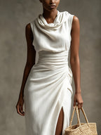 White Draped Cowl Neck Side Slit Midi Dress