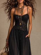 Black Lace Chiffon Halter Harem Jumpsuit