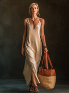 Linen-Blend Maxi Dress With Spaghetti Straps & V-Neck