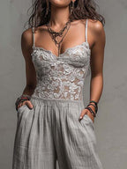 Bohemian Light Grey Lace And Crinkle Cotton Wide-Leg Jumpsuit