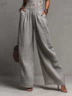 Bohemian Light Grey Lace And Crinkle Cotton Wide-Leg Jumpsuit