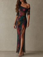 Retro Elegant Galaxy Print One-Shoulder Ruched Mesh Evening Maxi Dress