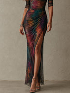 Retro Elegant Galaxy Print One-Shoulder Ruched Mesh Evening Maxi Dress