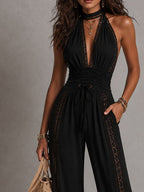 Boho Elegant Black Lace Panel Smocked Waist Wide Leg One-Piece Jumpsuit