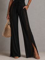 Boho Elegant Black Lace Panel Smocked Waist Wide Leg One-Piece Jumpsuit