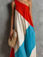 Color-Block One-Shoulder Maxi Dress