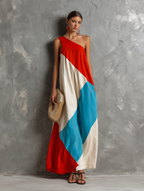 Color-Block One-Shoulder Maxi Dress