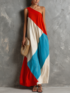 Color-Block One-Shoulder Maxi Dress