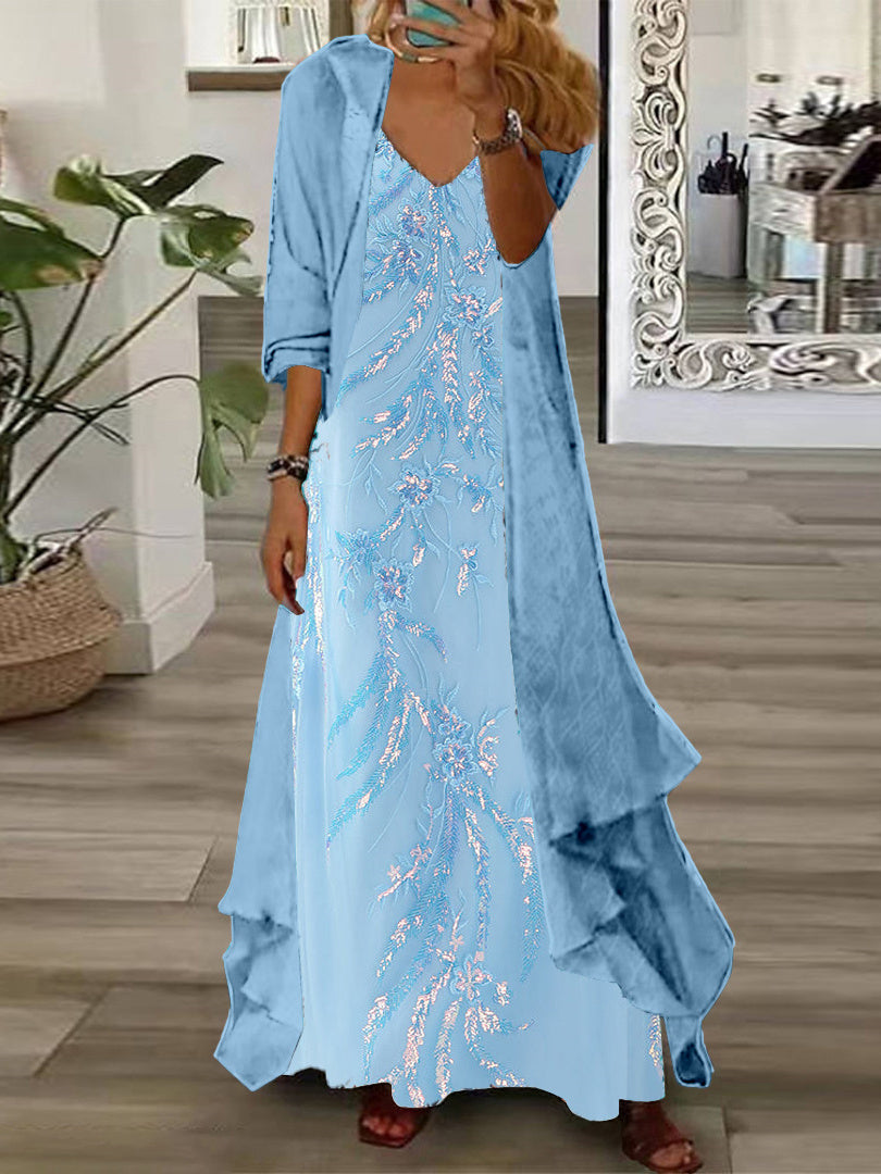 Women's Long Sleeve V-neck Floral Printed Two Pieces Maxi Dress