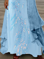 Women's Long Sleeve V-neck Floral Printed Two Pieces Maxi Dress