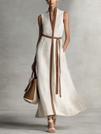 Sleeveless V-Neck Tie-Waist Cotton Linen Maxi Dress