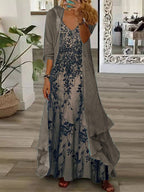 Nextmacys-Women's Long Sleeve V-neck Floral Printed Two Pieces Maxi Dress