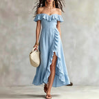 Women's Summer Cotton Off Shoulder Ruffled Ruched Flowy Maxi Dress