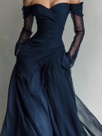 Elegant Dark Blue Long-Sleeve Off-Shoulder Chiffon Organza Maxi Dress