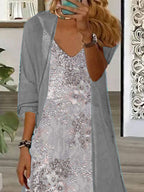 Nextmacys-Women's Long Sleeve V-neck Floral Printed Two Pieces Maxi Dress