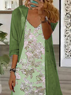 Women's Long Sleeve V-neck Graphic Printed Two Pieces Maxi Dress