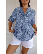V-Neck Button-Down Printed Blouse