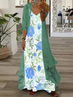 Women's Long Sleeve V-neck Graphic Printed Two Pieces Maxi Dress