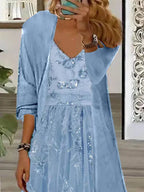Nextmacys-Women's Long Sleeve V-neck Graphic Printed Two Pieces Maxi Dress