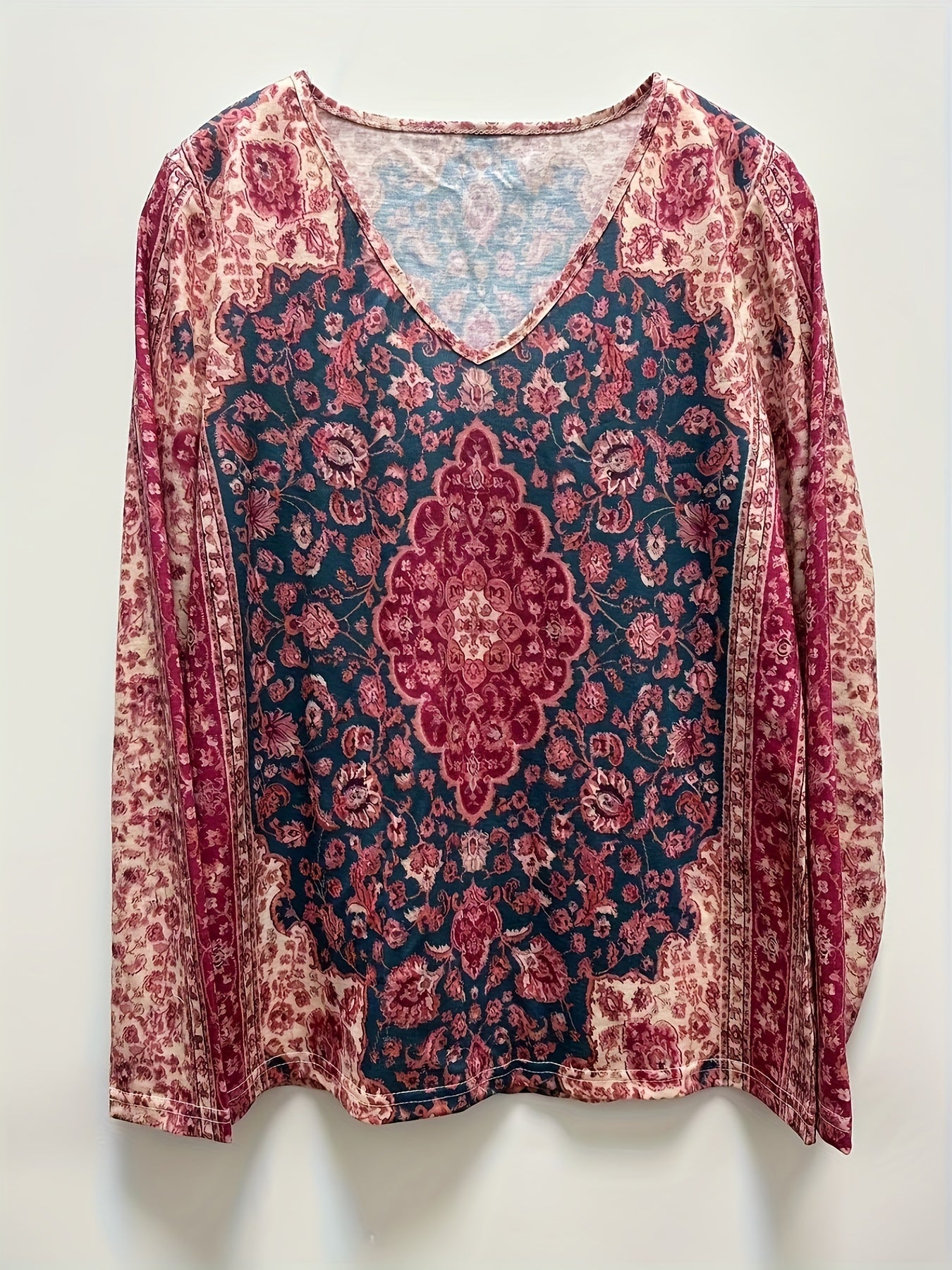 Women's Floral Print V Neck Long Sleeve T-Shirt - Casual Spring and Fall Top