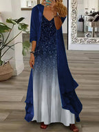Nextmacys-Women's Long Sleeve V-neck Graphic Printed Two Pieces Maxi Dress