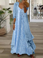 Women's Long Sleeve V-neck Graphic Printed Two Pieces Maxi Dress