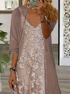 Nextmacys-Women's Long Sleeve V-neck Floral Printed Two Pieces Maxi Dress