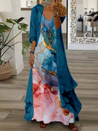 Women's Long Sleeve V-neck Graphic Printed Two Pieces Maxi Dress